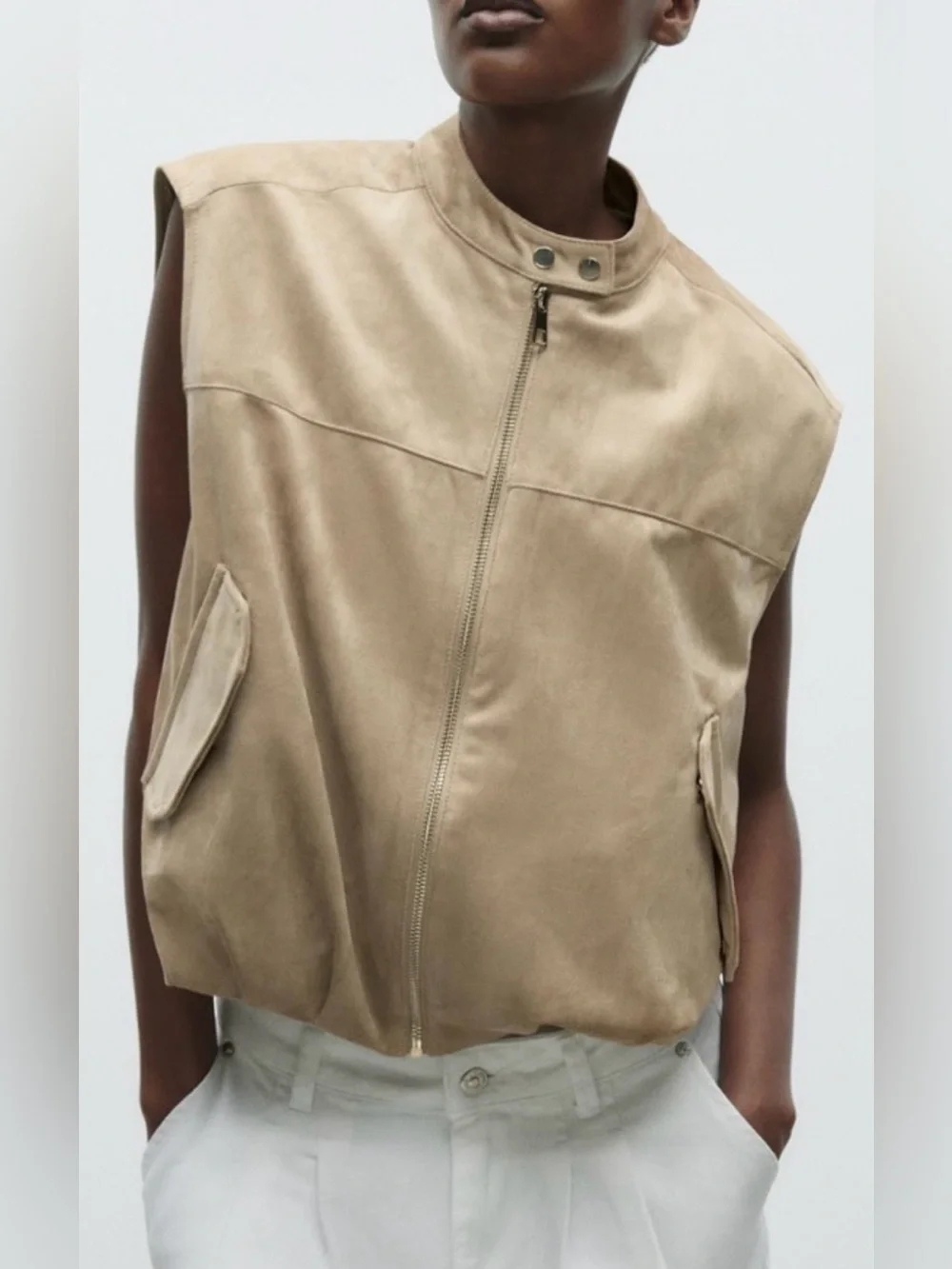 ZARA Faux Suede Full Zip Vest Taupe Brown Size S/XS NWOT